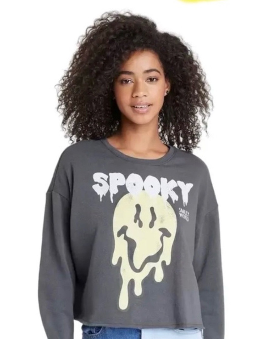 SmileyWorld Spook Graphic Pullover Sweatshirt - Charcoal with Pale Yellow Print